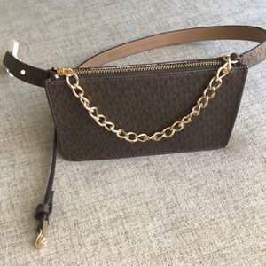 Michael Kors Brown Logo Gold Chain Pull Belt Waist Bag NWOT Never Used